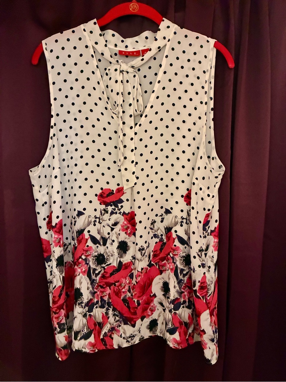 Elle White Polka Dot Sleeveless Tie-Neck Top with Red Floral Border